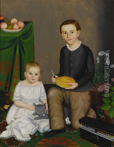 Two Children In An Interior Setting, One Child Holding A Grey Cat, The Other Holding A Piece Of Melon Oil Painting - Susan Catherine Waters