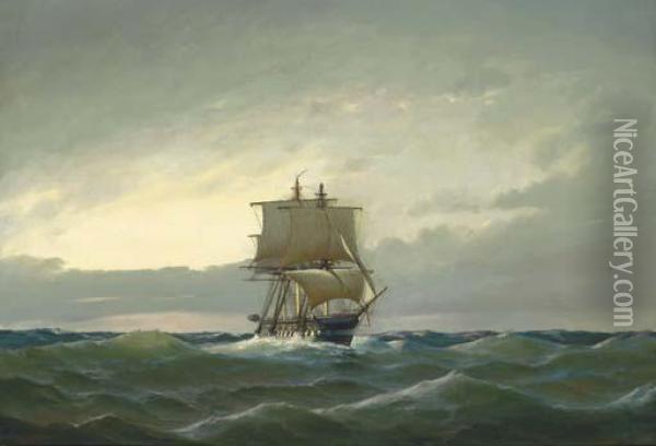 A Frigate In Open Waters In The Evening Light Oil Painting - Heinrich Leitner