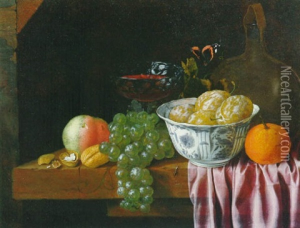 Still Life Of Fruit In A Blue And White Bowl, With Grapes,  Nuts, An Orange And Other Objects, All On A Draped Table Oil Painting - David Davidsz. de Heem the Younger