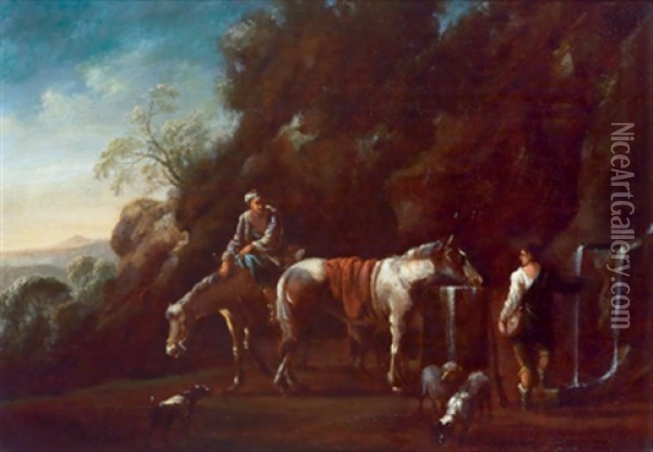 Rastende Reiter Bei Einem Brunnen Oil Painting - Pieter van Bloemen