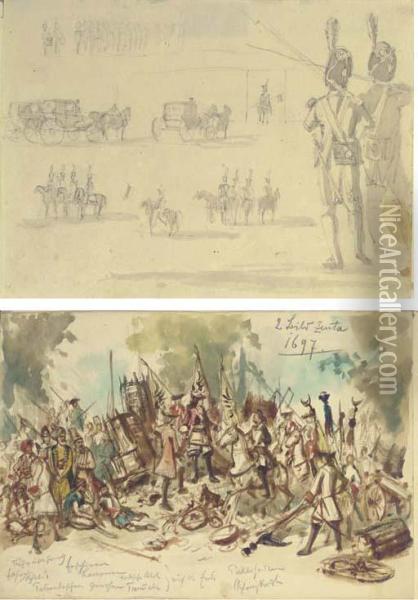 Studies Of Soldiers, Horses And Carriages Oil Painting - Joseph Rebell