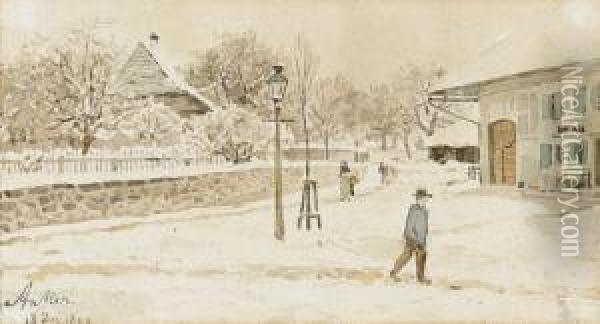 Verschneite Dorfstrasse In Ins Oil Painting - Albert Anker