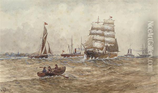 A Square-rigger And Other Shipping On The River Oil Painting - M. Adams