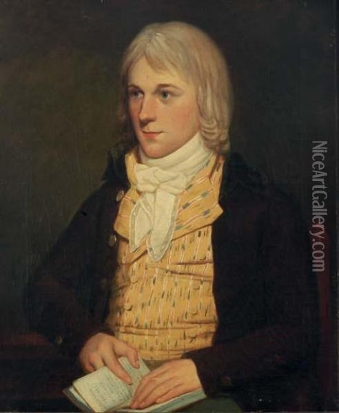 Portrait Of A Gentleman, Bust-length, Seated In A Yellow Vest And Brown Coat, Holding A Book Of Poetry Oil Painting - David Allan