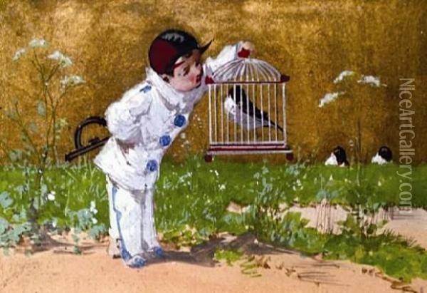 Pierrot Et L'oiseau En Cage. Oil Painting - Luigi Loir