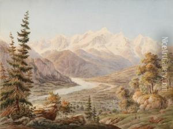 Sudliches Flusstal Mit Gebirgspanorama Oil Painting - Johann Jakob Meyer