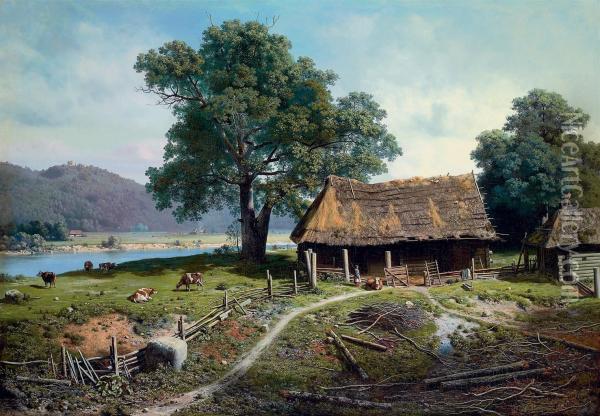 A Riverside Farm Oil Painting - Mikhail Konstantinovich Klodt