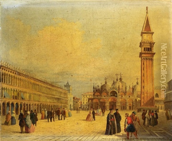 Auf Dem Markusplatz In Venedig Oil Painting - Giuseppe Bernardino Bison
