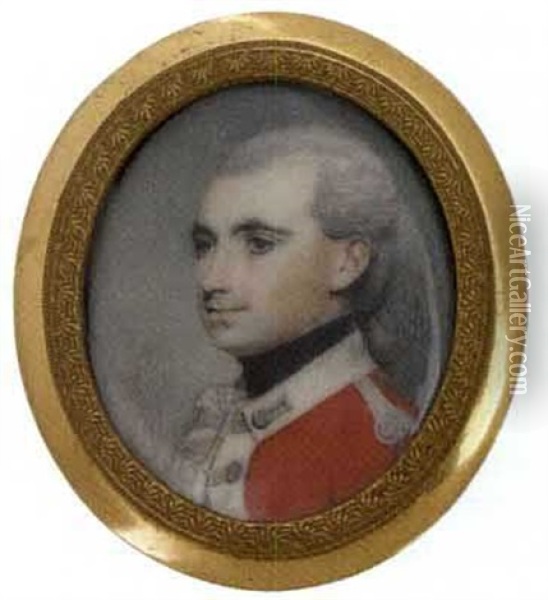 A Young Officer, In Scarlet Coat With White Facings, Silver Wing, His Powdered Hair En Queue Oil Painting - George Engleheart