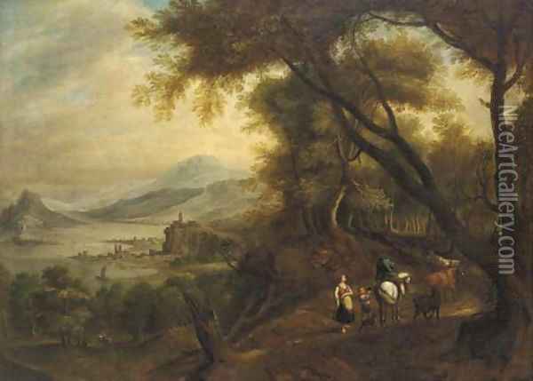 A Rhenish landscape with mounted figures on a wooded track Oil Painting - Jan Griffier I