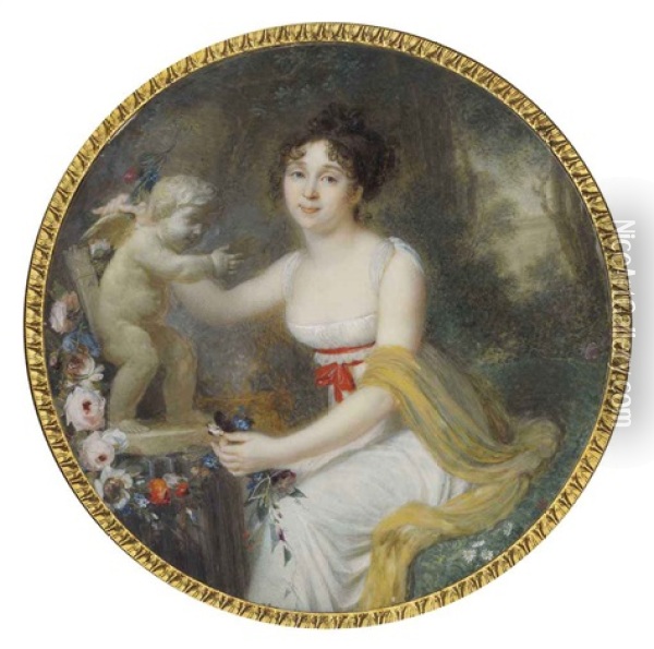 A Young Lady (suzanne Denis De Cuzieu?), In Decollete White Dress With Red Sash Tied Around Waist And Ochre Scarf (collab. W/studio) Oil Painting - Jean Baptiste Jacques Augustin