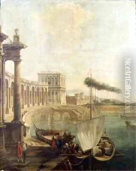 A capriccio, harbour with figures loading a ferry Oil Painting - Francesco Battaglioli