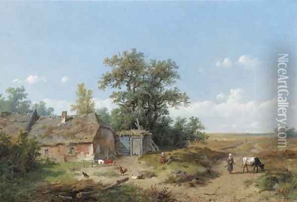 Figures by a farmhouse on the heath Oil Painting - Anthonie Jacobus van Wyngaerdt