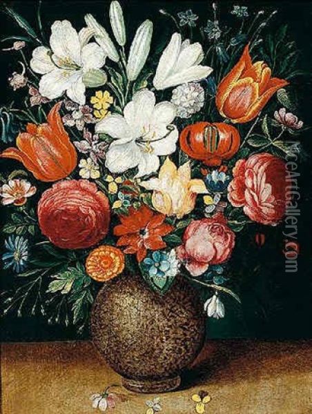 Still Life Of Flowers, Including Tulips, Lilies, An Iris, Marigold, And A Snowdrop In A Stoneware Vase Oil Painting - Osias Beert the Elder