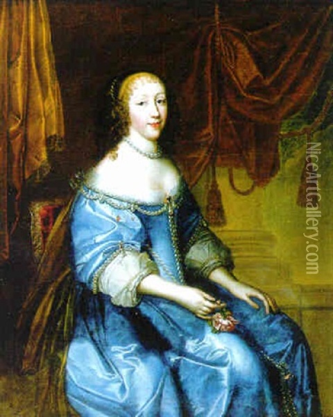 Portrait Of A Lady, Seated, Before A Column And A Draped Curtain Oil Painting - Charles Beaubrun