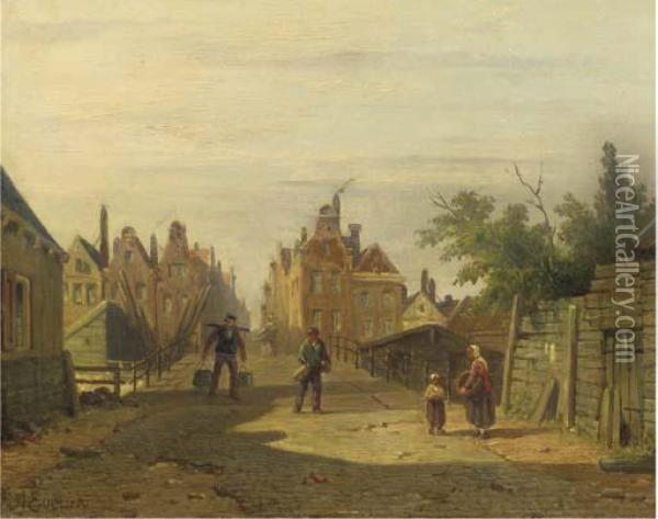 Figures On The Bridge By The Bikkereiland, Amsterdam Oil Painting - Adrianus Eversen