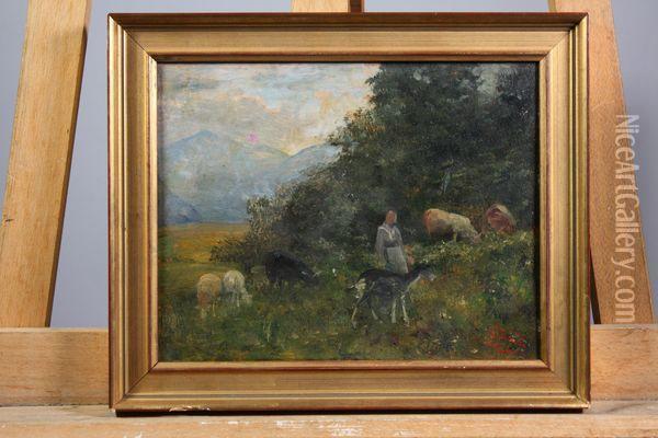 Bergere Et Son Troupeau Oil Painting - Gustave Adolf Jundt
