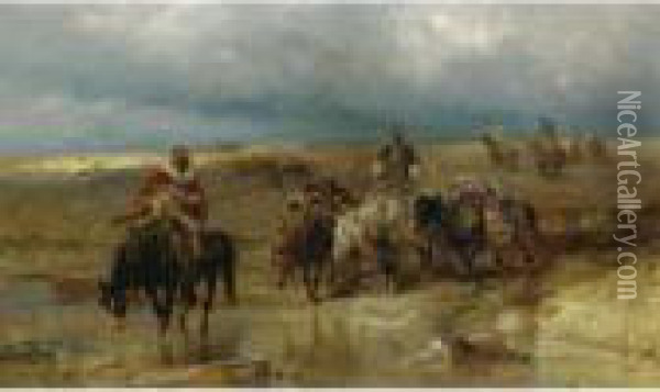 Arabs Watering Their Horses Oil Painting - Adolf Schreyer