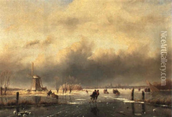 Skaters On A Frozen River, Dordrecht In The Background Oil Painting - Nicolaas Johannes Roosenboom