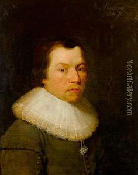 Portrait Of A Gentleman, Half-length, In A Grey Coat And A White Lace Collar Oil Painting - Huygh Pietersz. Voskuyl