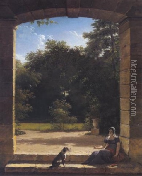 Eine Junge Dame Mit Ihrem Hund Auf Den Stufen Zu Einer Parklandschaft Oil Painting - Michel Martin Drolling