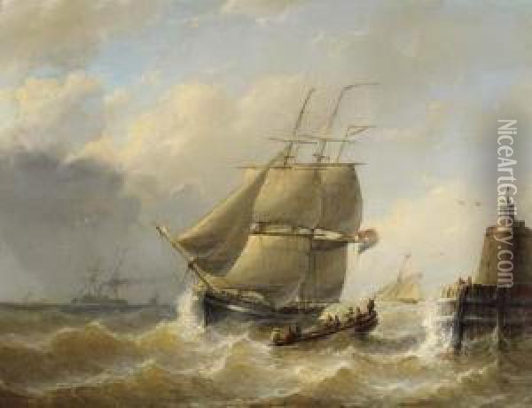 A Tallship On Choppy Water By A Lighthouse Oil Painting - Christiaan Cornelis Kannemans