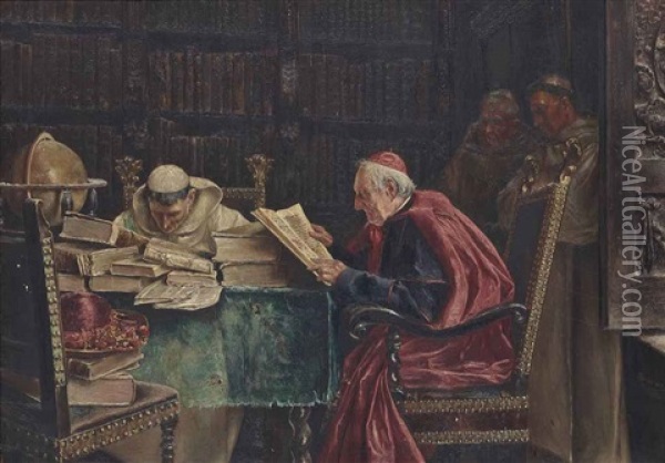 The Cardinal's Visit To The Library Oil Painting - Jose Gallegos Y Arnosa