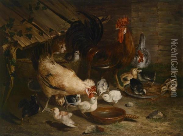 Chickens In Acoop Being Watched By A Cat Oil Painting - Anton Bernreiter