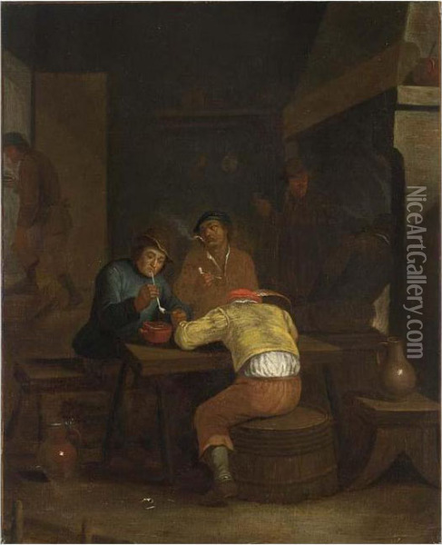 A Tavern Interior With Peasants Smoking And Drinking Oil Painting - Egbert Ii Van Heemskerck