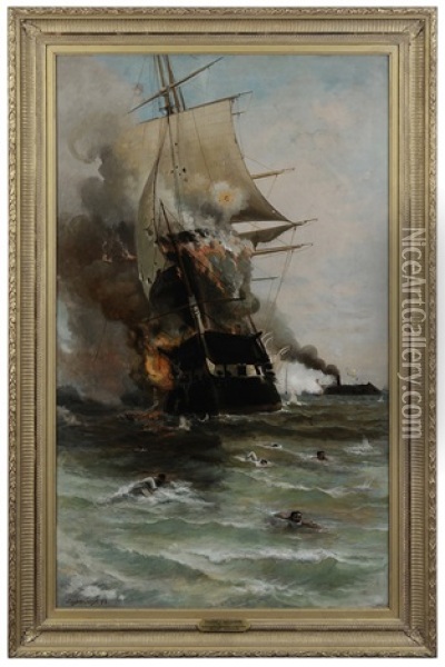 The Burning Of The Uss Congress, March 8, 1862, Depiction Of The Uss Congress Being Burned By The Css Virginia Oil Painting - Julian O. Davidson