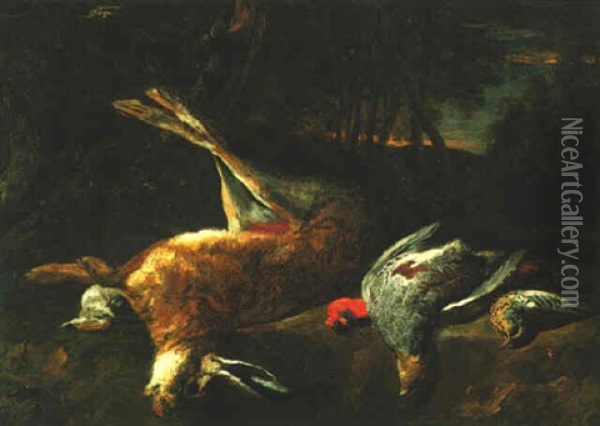 A Wooded Landscape With A Still Life Of Hare, Partridge And Other Birds Oil Painting - Pieter Boel