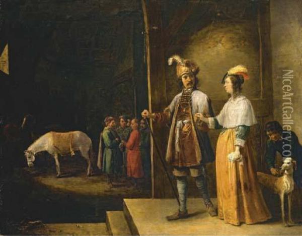 A Lady And Gentleman Entering A Stable Oil Painting - David The Younger Teniers