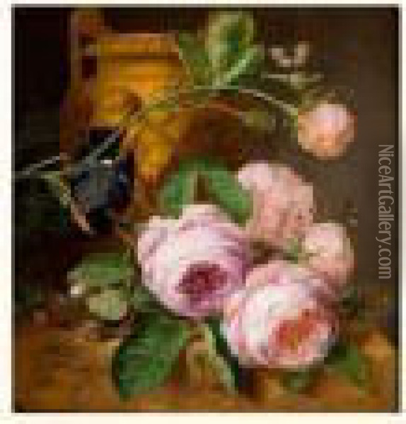 Nature Morte Au Nid, Aux Roses Et A L'oiseau Sur Fond De Vase A L'antique Oil Painting - Jan Frans Eliaerts