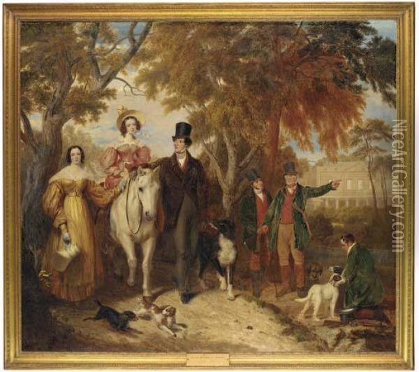 Group Portrait Of Edward Vernon,
 4th Baron Suffield, His Wife,charlotte Susannah, Lady Suffield, Seated 
On A White Pony, And Hissister, Georgiana Mary, With Game Keepers And 
Dogs, Gunton Parkbeyond Oil Painting - Ramsay Richard Reinagle