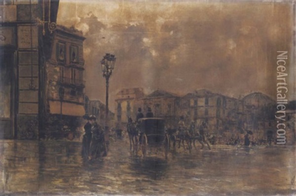 Impressioni Di Pioggia In Piazza Trieste E Trento Oil Painting - Carlo Brancaccio