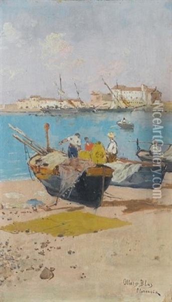 Boats By A Jetty Oil Painting - Blas Olleros Y Quintana