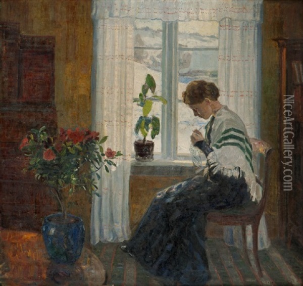 Heklende Kvinne I Interior Oil Painting - Lars Jorde