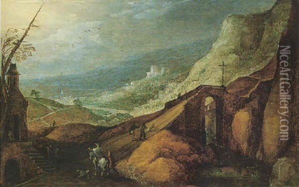 A Rocky River Landscape With Travellers Crossing A Bridge Near A Chapel Oil Painting - Joos de Momper the Younger