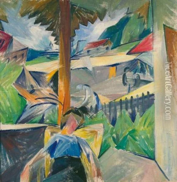 Landschaft Mit Sitzender Frau. Oil Painting - Alexander Konstantinovich Bogomazov