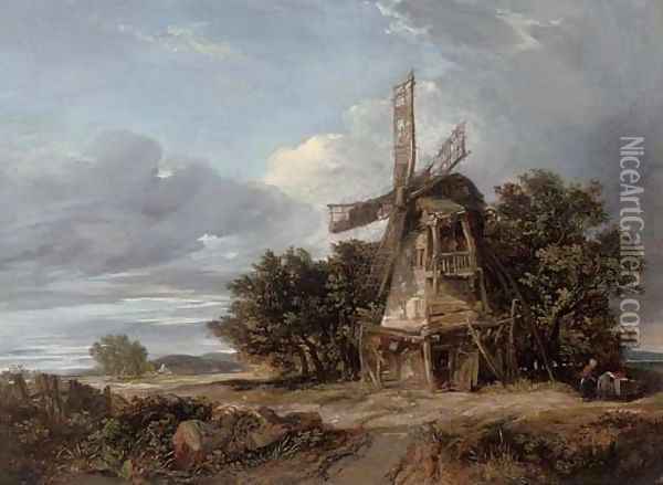 A wooded landscape with a windmill and a figure on a track Oil Painting - William James Muller