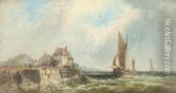 Fishing Vessels Approaching A Jetty; Fishing Vessels At Sea Oil Painting - James Edwin Meadows