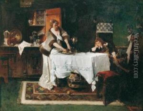 At Lunch Oil Painting - Raphael von Ambros