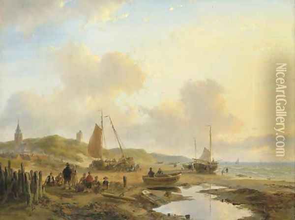 Activities on the beach of Scheveningen Oil Painting - Andreas Schelfhout