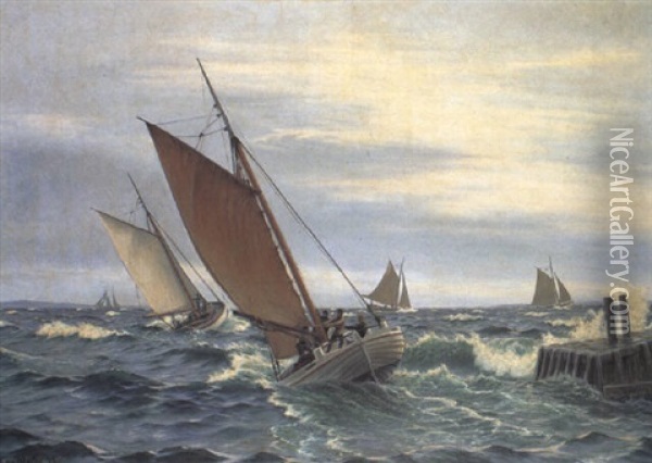 Marine Med Fiskerbade Ved Molen Oil Painting - Christian Blache