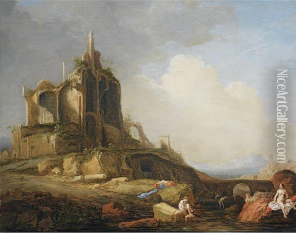 A Southern Landscape With Figures Bathing Near Classicalruins Oil Painting - Bartholomeus Breenbergh