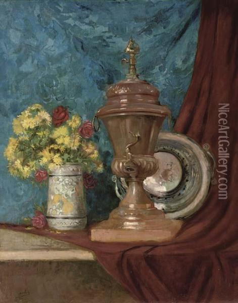 A Vase Of Chrysanthemums And Roses Alongside An Urn And A Bowl On A Draped Table. Oil Painting - Eugene Henri Cauchois