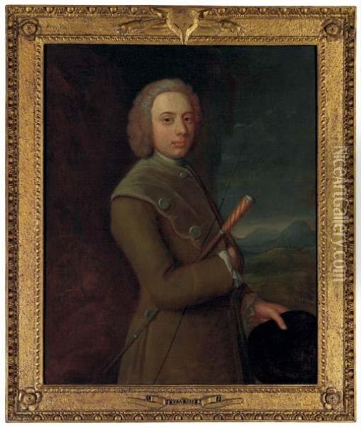 Portrait Of A Gentleman, 
Three-quarter-length, In A Brown Coat, Holding A Riding Crop And Hat Oil Painting - Joseph Highmore