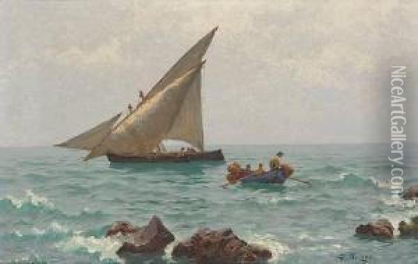 Morgenstimmung An Der Adria Mit Fischerboo- Tenund Langustenfischern Oil Painting - Ludwig Fried. Julius Runge