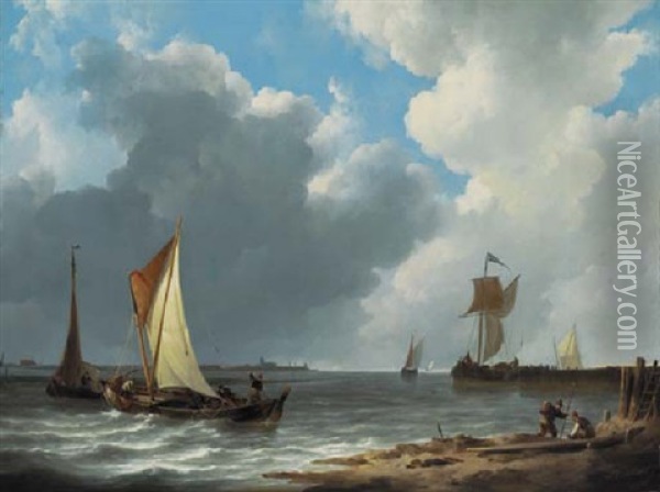 Shipping Off The Dutch Coast Oil Painting - Johannes Christiaan Schotel