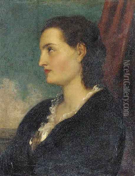Portrait of a lady, bust-length, in profile to the left, wearing a black coat with white ruffed collar Oil Painting - English School